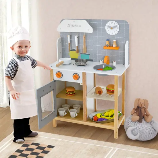 Wooden Toddler Pretend Kitchen Set with Cookware Accessories for Boys and Girls-Grey {6}