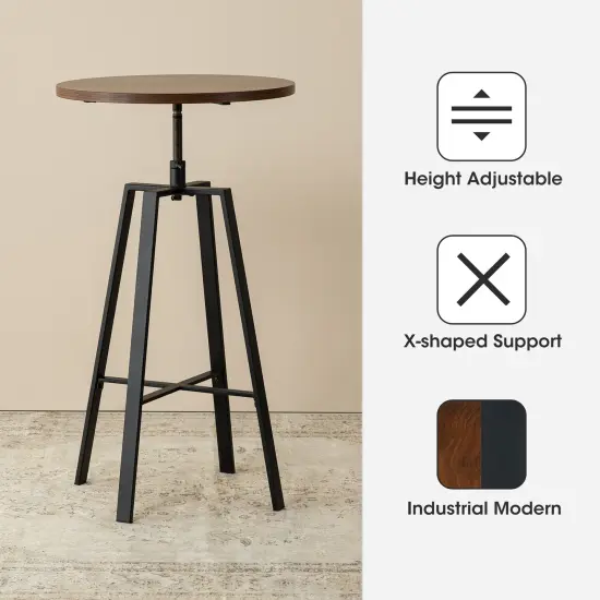 Industrial Rustic High Bar Stools With Solid Elm Wood Seat and Back Support & Bar Table With Adjustable Round {3}