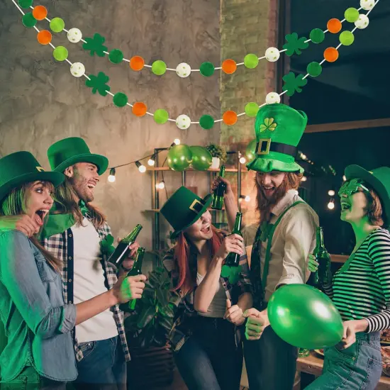 2 Pcs St Patrick's Day Felt Ball Garlands with Shamrock - St. Patrick's Day Decorations - Green Dark Green White Orange Pom Pom Garlands for Home Tree- Irish Party Home Fireplace Mantle Hanging Decor {5}