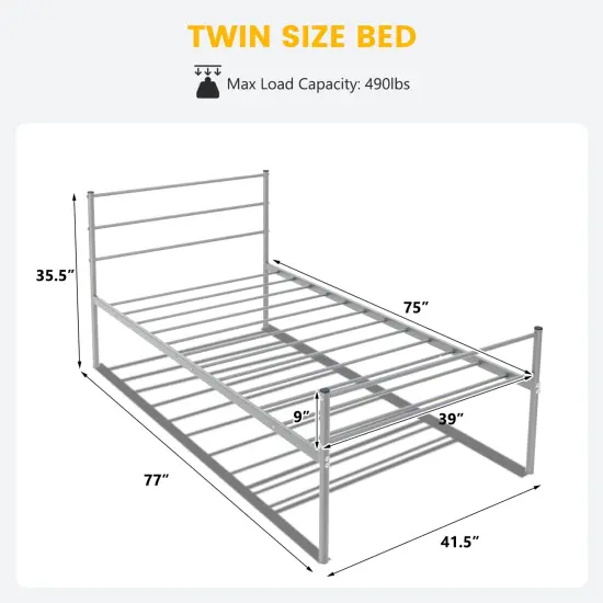 Twin Size Metal Bed Frame Platform with Headboard-Silver {5}