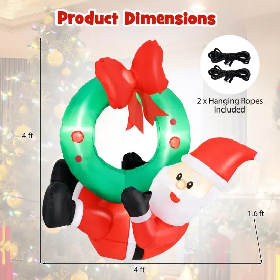 4-Feet Inflatable Santa Claus Wreath with Red Bow and 5 LED Lights {5}