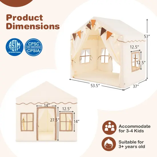 Kids Large Play Tent House with 2 Opening Door and Star Lighting Perfect for Gift Beige {5}