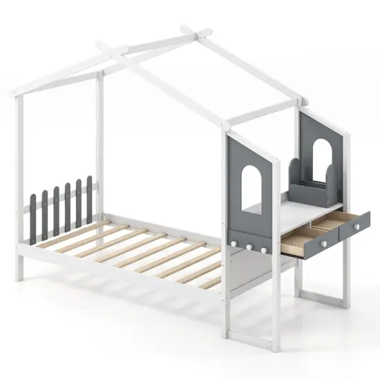 House Shaped Bed Frame with 2 Drawers, 1 Storage Box and 3 hooks for Kids {3}