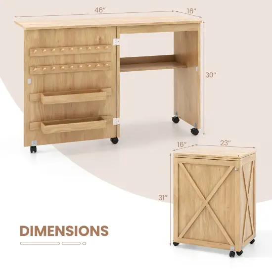Space-Saving Folding Sewing Table Rolling Craft Station with Storage Pegs and Compartments Natural {5}