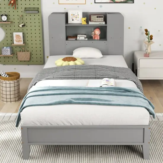 Wooden Twin Bed Frame with Bookcase Headboard Storage Shelves and Under-bed Space Grey {3}