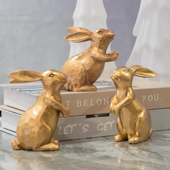 Resin Vintage Gold Bunny Decor Rabbit Figurines, Small Easter Bunny Figurine Set of 3 {1}