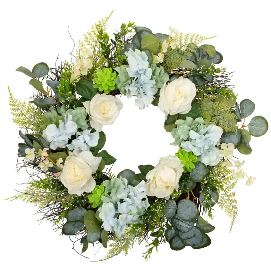 Northlight Hydrangea, Rose and Geranium Artificial Floral Spring Wreath, White and Blue - 24-Inch {3}