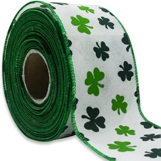 Saint Patrick's Day Fabric Ribbons, Green Clovers Edge Wired Burlap Ribbon for St Patrick Day Decor Irish Hanging Wrapping Party Gift Decoration Outdoor Crafts Supplies (2.5 Inch * 10 Yards * 1 Roll) {1}