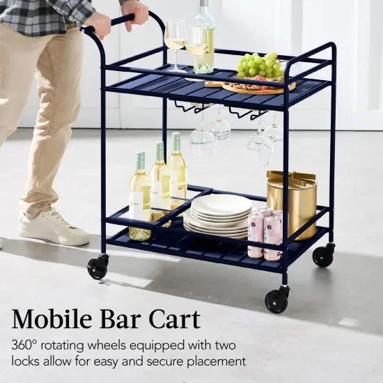 Best Choice Products 2-Tier Rolling Bar Cart Indoor/Outdoor w/ Storage Shelves, Wine Rack, Lockable Wheels Navy {5}