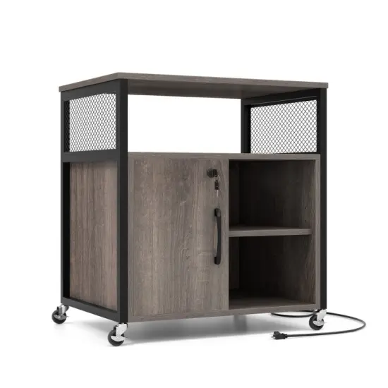 File Cabinet on Wheels with Charging Station and Cable Management Hole Brown {7}