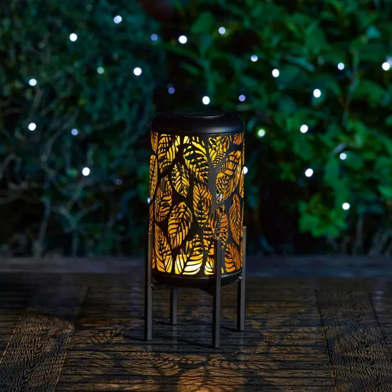 Set of 2 14.25"H Metal Cutout Leaves Pattern Solar Powered LED Outdoor Lantern with Stand 2pcs White {10}