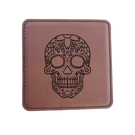 Coaster - Sugar Skull - SET OF 2 - Leather or Stitched Cork Dark Brown/Black {5}