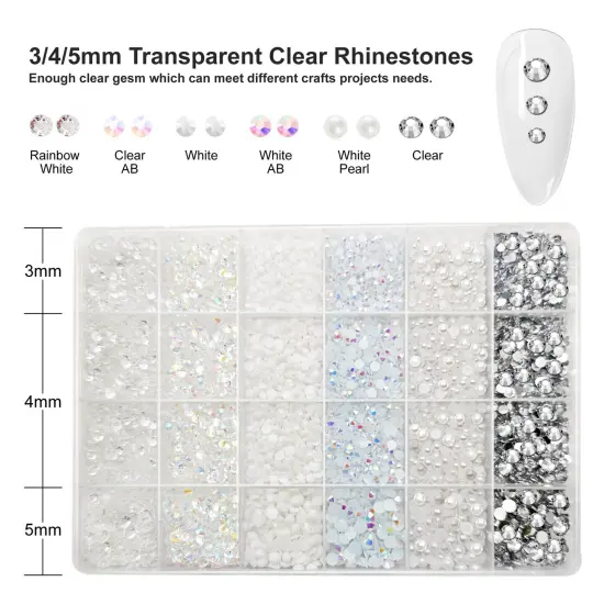 White Rhinestones for Crafting, 3mm 4mm 5mm Resin Rhinestones Bulk and Flat Back Pearls Beads for Clothes, Shoes, Nail Art, Craft Decoration, White Jewels for Bedazzling Gems {5}