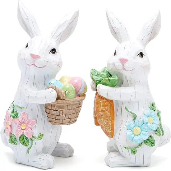 White Rabbit Decorations (Bunny Couple) - Handmade Easter Tabletop Decor, Spring Home Holiday Gifts for Kids & Family, Patented Design - 2PCS {1}