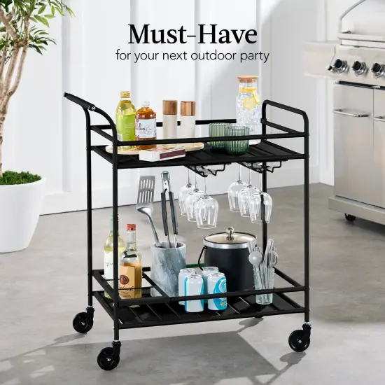 Best Choice Products 2-Tier Rolling Bar Cart Indoor/Outdoor w/ Storage Shelves, Wine Rack, Lockable Wheels Black {3}