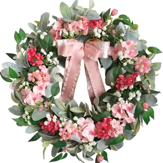 22&rdquo; Artificial Flower Wreath,Hydrangea Lamb's Leaves Wreath Spring/Summer Floral Wreaths with Ribbon Bow for Front Door Wall Window and Holiday Festival Party Banquet Wedding Decor {1}