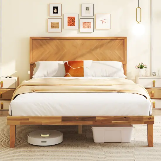 Rustic Golden Brown Acacia Wood MDF Platform Bed Frame with Headboard and Under-Bed Storage {2}