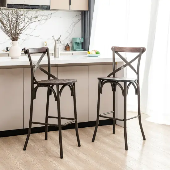 Industrial Rustic High Bar Stools With Solid Elm Wood Seat and Back Support & Bar Table With Adjustable Round {8}