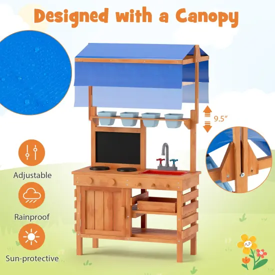 Natural Wood Pretend Play Kitchen with Height-Adjustable Canopy for Kids {5}