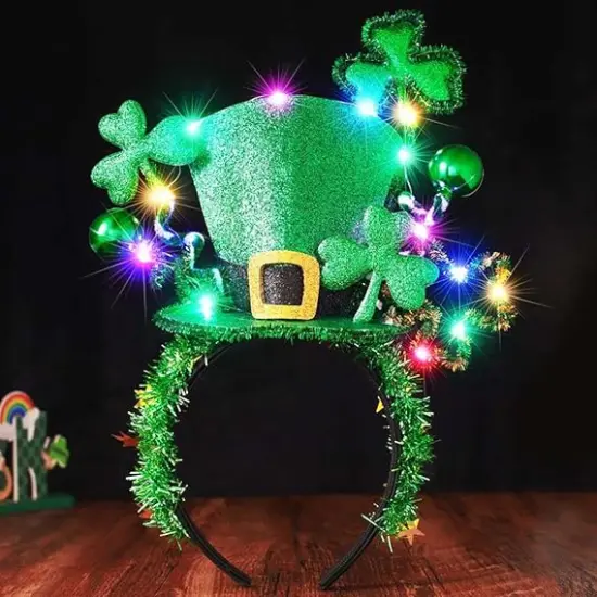 Light up St Patrick's Day Headband LED Green Leprechaun Top Hat Headband Shamrock Irish Hair Band Rave Party Holiday Costume Hair Accessories for Women and Girls {2}