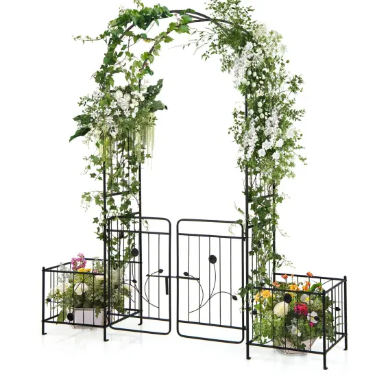 87 Inches Black Garden Arbor with 2 Side Planters and 2 Lockable Door Gate Perfect for Any Decoration {4}