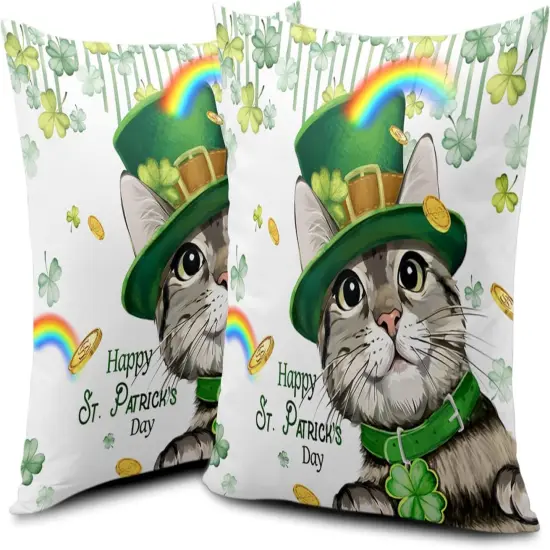 Happy St Patricks Day Pillows Covers 18x18 Pack of 2 Lucky Cat Clover Pillow Covers Rainbow Gold Coin Shamrock Decorative Pillow Cases Cushion Case for Living Room Couch Sofa {4}