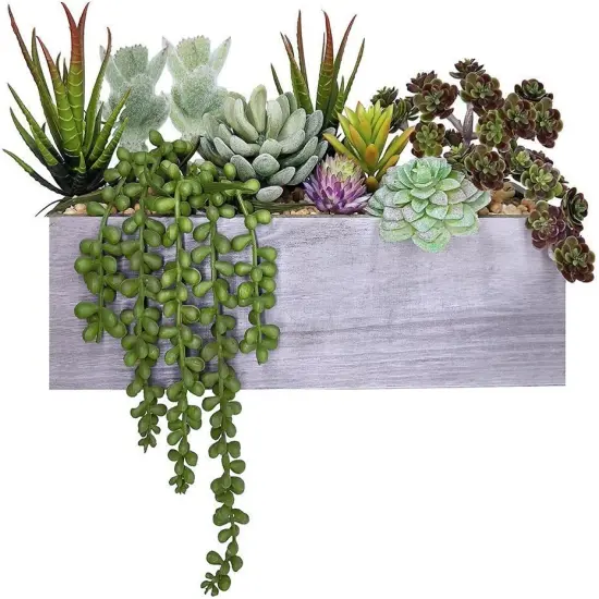 Artificial Succulent Arrangement – Rustic Greenery in Wooden Pot {1}