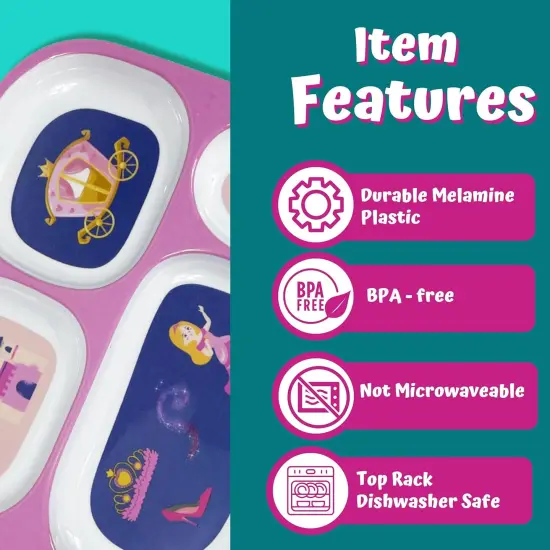 4E&rsquo;s Novelty Kids Melamine Dinner Plates Set of 4 for Girls &ndash; Divided Plates for Picky Eaters, BPA-Free, Princess, Unicorn, Cat & Sea Life Toddler Plates {3}