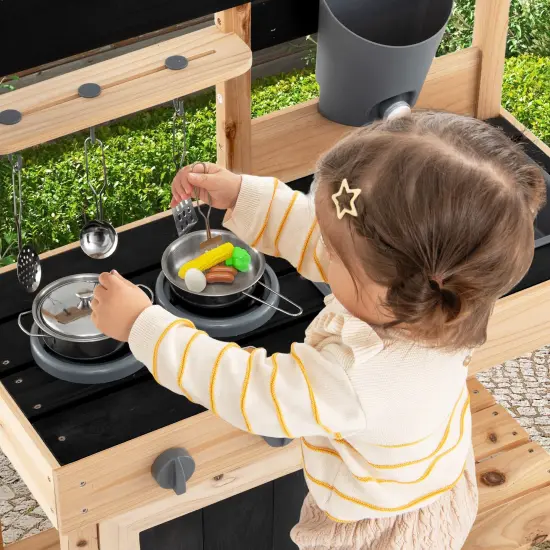 Mud Kitchen Playset Kids Play Kitchen Outdoor with 2 Removable Sinks-Natural {3}
