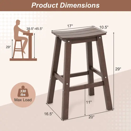29 Inch HDPE Patio Bar Stool Set of 2, Armless Saddle Design, Weather-Resistant, Outdoor Seating Brown {4}