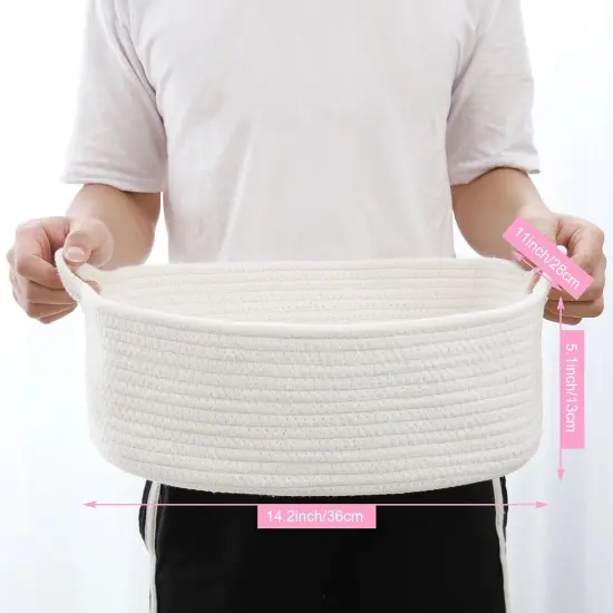Rope Basket, Small Storage Gift Basket, Rectangle Under Shelf Basket, Decorative Boho White Rope Woven Basket with Handle for Dog Toy Egg Fruit Snack Towel Easter {5}