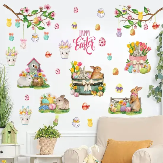Happy Easter Wall Stickers Bunny Rabbit Wall Decals Peel and Stick Wall Art Decal Easter Egg Wall Decal Spring Flower Tree Branch Window Clings for Kids Room Nursery Living Room Kitchen Decor Gifts {2}
