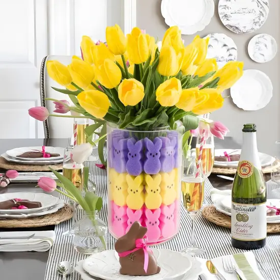 Easter Decorations - Easter Peeps Decor - 15 Artificial Tulips with 45 Bunnies Vase Filler Set {5}