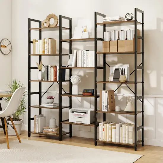 Rustic Brown 5-Tier Triple Wide Heavy-Duty Metal Frame Bookshelf with Adjustable Foot Pads {3}