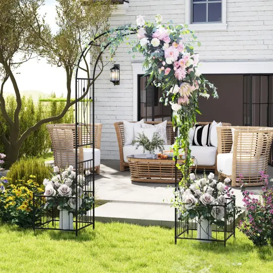 2 in 1 Garden Arbor with 2 Side Planters and 8 Ground Stakes-Black {1}