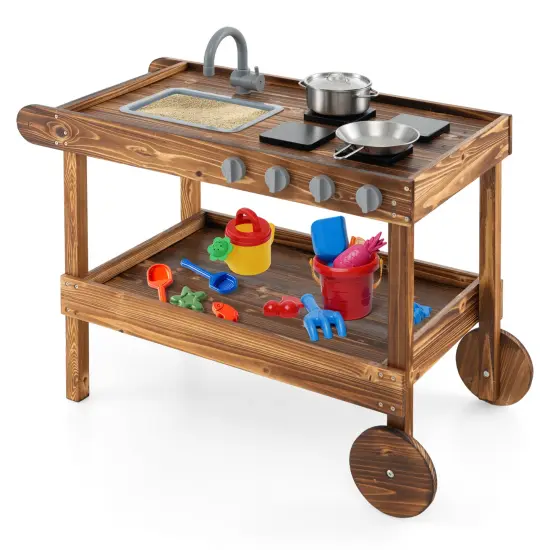 Wooden Outdoor Movable Mud Kitchen with 2 Rolling Wheels and Push Handle {1}