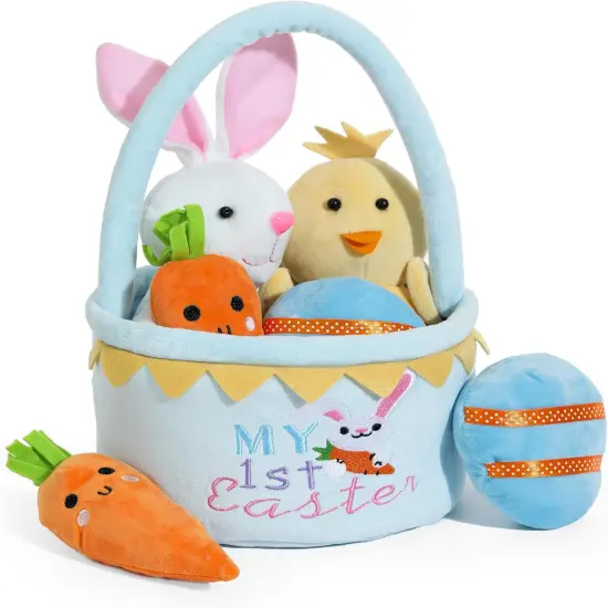 Easter Basket -My First Easter Basket Stuffed Plush Playset Baby's First Easter Basket Stuffed Cartoon Bunny Easter Egg Plush Basket for Kids 5pcs (Blue) {1}