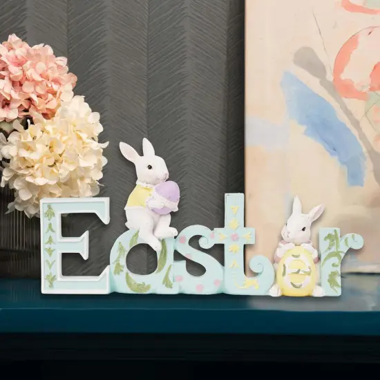 Easter Tabletop Decoration Figurine Centerpiece - Spring Bunny Decor Hand Painted Green Easter Word with 2 Rabbit Easter Decorations for The Home Farmhouse Party 11.75*2.75*5.75 in Newman House Studio {5}