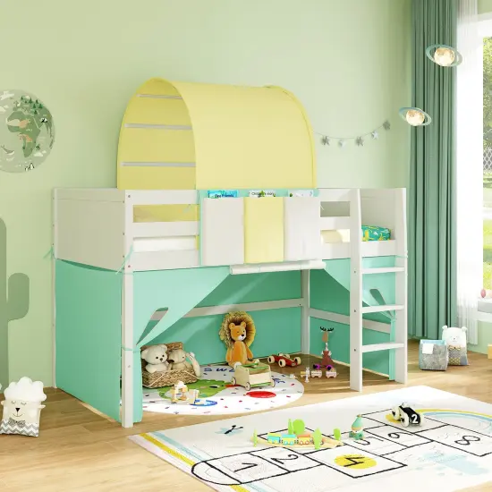 Twin Size Playhouse Loft Bed Frame with Tower Tent and 3 Storage Pockets for Kids Turquoise {1}