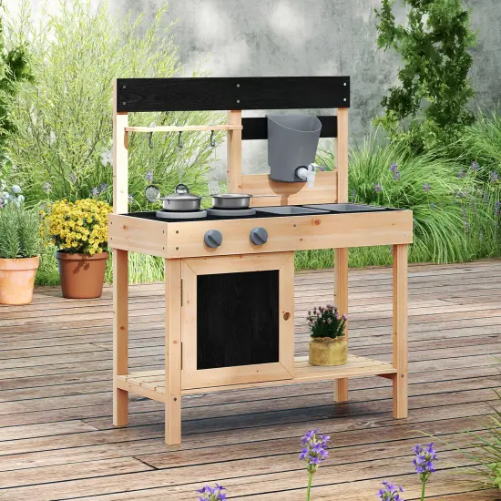 Mud Kitchen Playset Kids Play Kitchen Outdoor with 2 Removable Sinks-Natural {6}