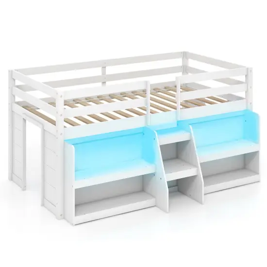Twin Size LED Lighted Loft Bed with Staircase and Safety Guardrail Perfect for Kids White {7}