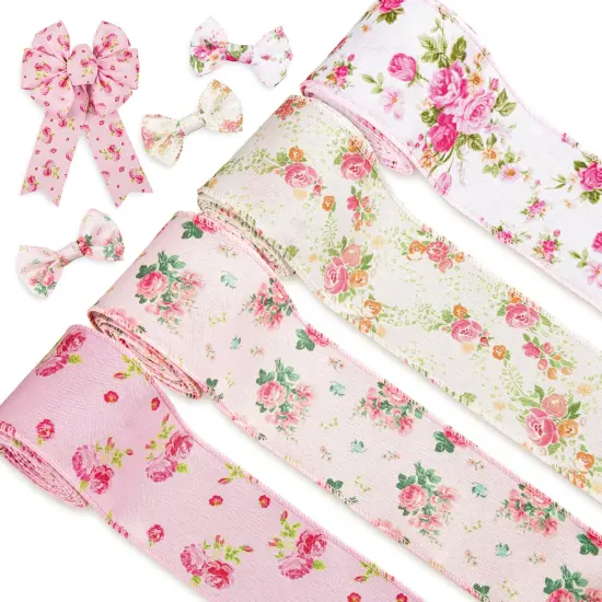 Floral Wired Edge Ribbon 4 Rolls Rose Flower Pattern Ribbon Spring Summer Fabric Decorative Craft Ribbon Roll for Gift Wrapping Decor Hair Bow Sewing Wreath Crafts, 20 Yard x 2.5 Inch {2}