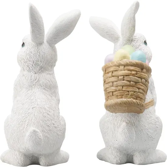 Easter-Basket Bunny-Decor-Figurines Home-Decorations - 2PC Easter Decorations Table Ornaments Resin Spring Bunny Carry Egg Basket Tabletop Decorations for Home Farmhouse 5.25H inch Newman House Studio {2}