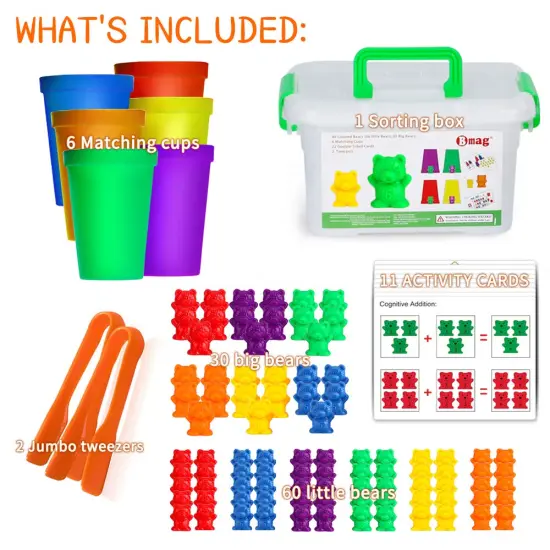 Counting Bears with Matching Sorting Cups,Number Color Recognition STEM Educational Toy for Toddler, Pre-School Learning Toy with 90 Bears,2 Tweezers,11 Activity Cards,1 Storage Box {1}