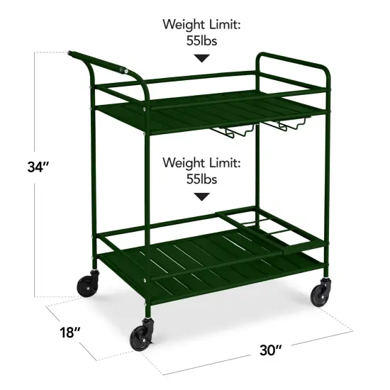 Best Choice Products 2-Tier Rolling Bar Cart Indoor/Outdoor w/ Storage Shelves, Wine Rack, Lockable Wheels Deep Green {2}