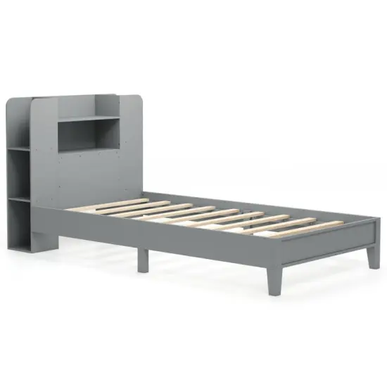 Wooden Twin Bed Frame with Bookcase Headboard Storage Shelves and Under-bed Space Grey {8}