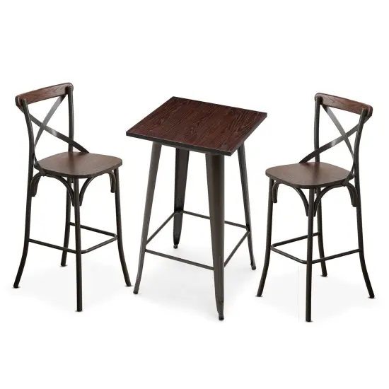 3 Piece Pub Table and Bar Chair Set - Steel Square Bar Table and Bar Chair Set Brown {1}