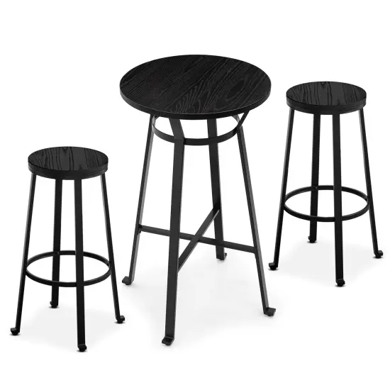 Set of 3 Steel Bar Table and Bar Stool Pub Set (1 Table+2 Stools) Black {1}
