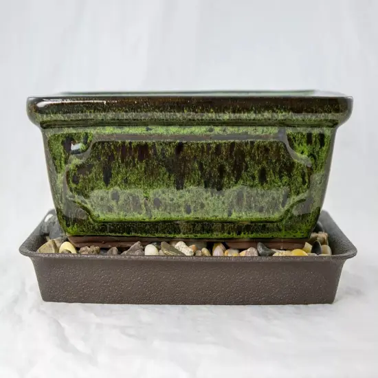 8" Rectangular Moss Green Bonsai Cactus Succulent Pot + Tray + Rock + Mesh Combo {4}