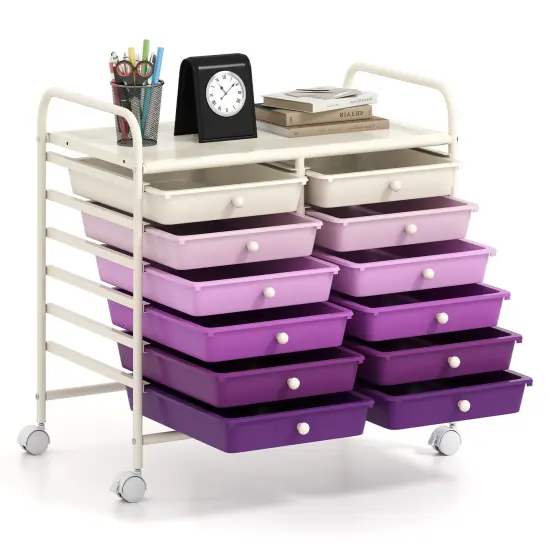 12 Removable Drawers Rolling Storage Cart with 4 Universal Wheels and Metal Frame Purple {4}